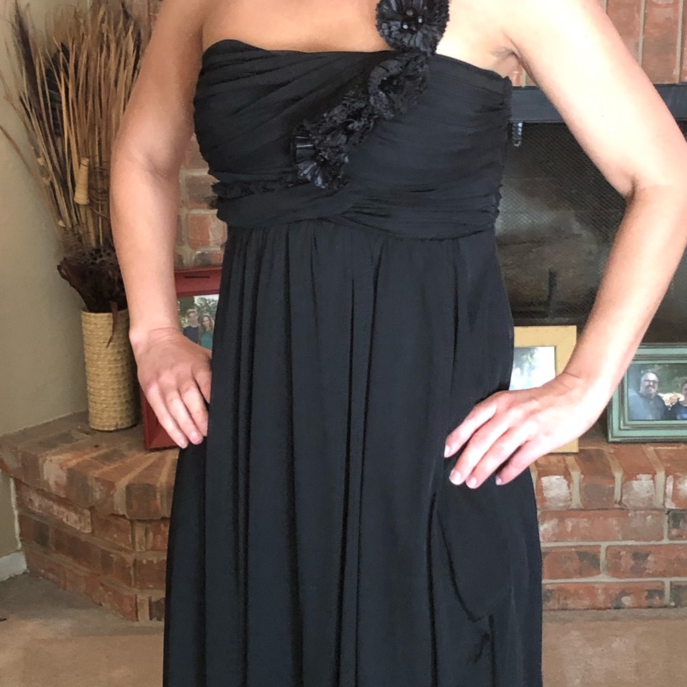 Ladies long black formal over the shoulder dress